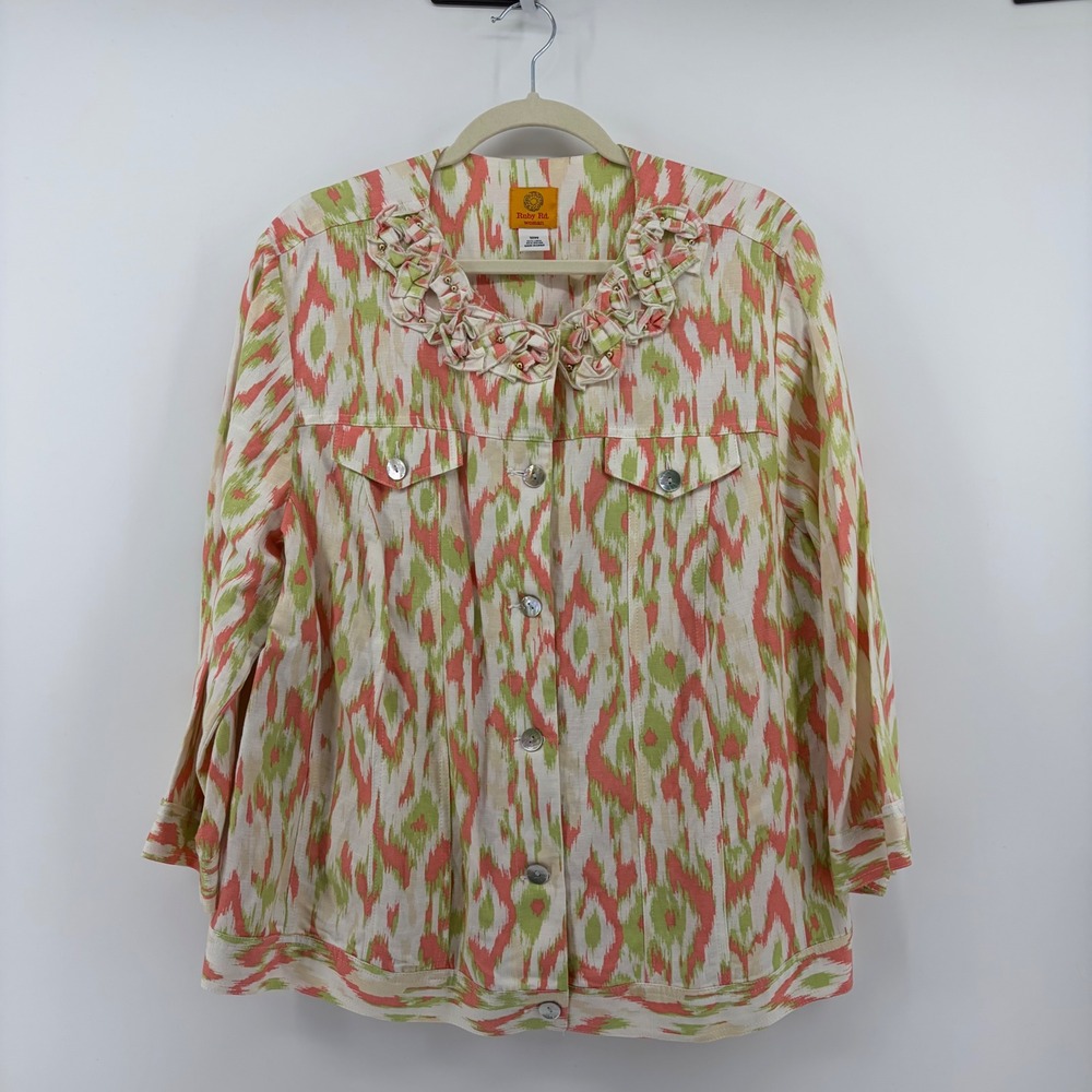 Ruby Rd Womens 18W Coral Green Ikat Linen Blend Ruffle Neck Button Front‎ Jacket